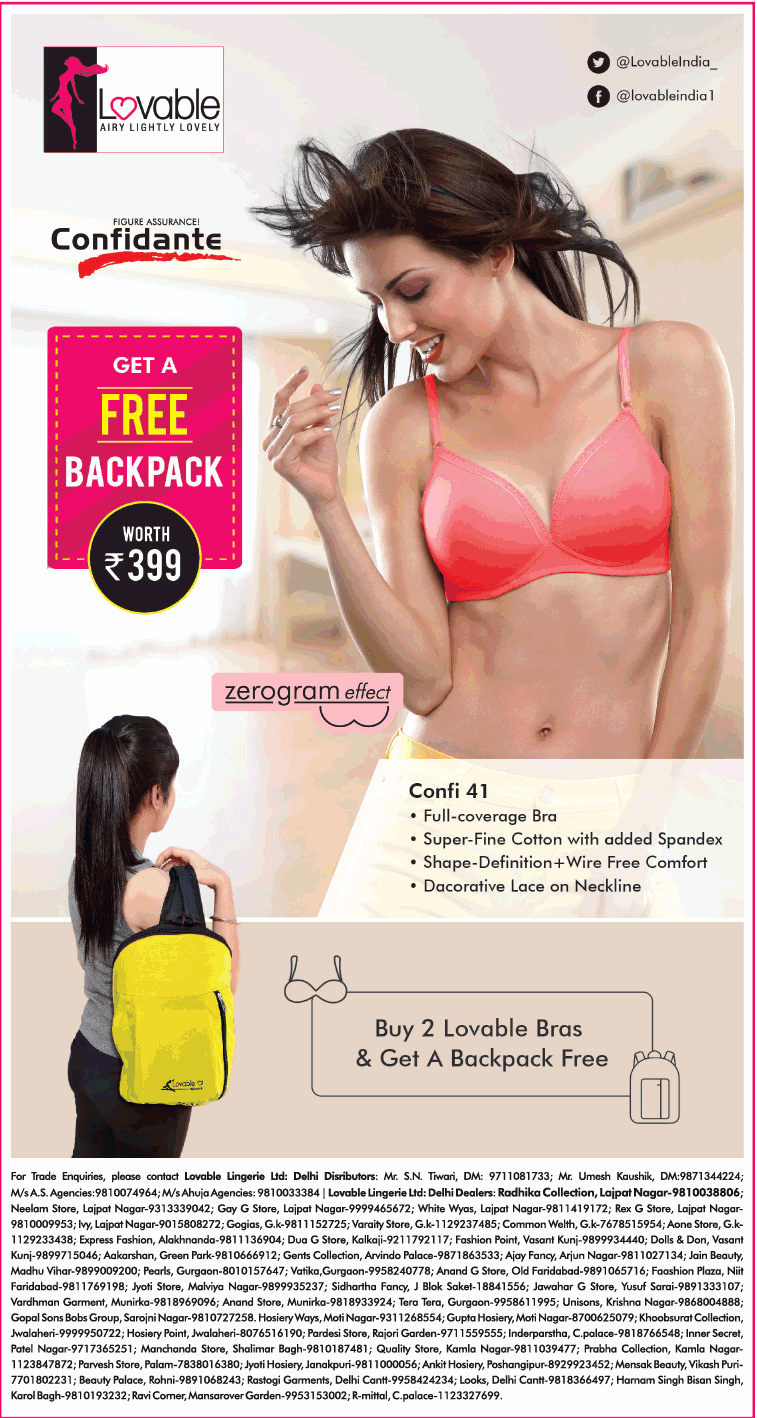 lovable-woman-inner-wear-get-a-free-backpack-woth-rs-399-ad-delhi-times-28-06-2019  - New Indian Models